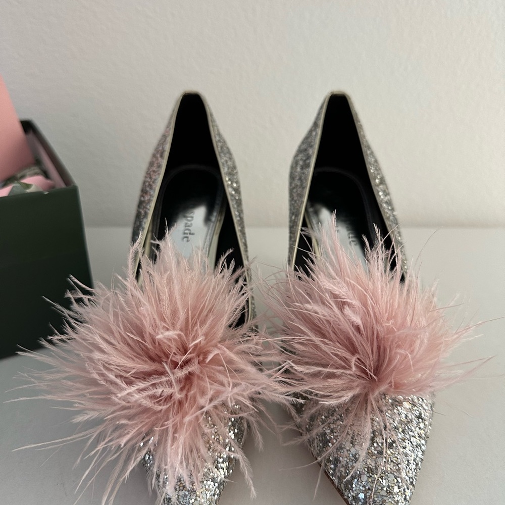 Kate Spade Glitter Heels with Pink Feather Accent